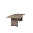 Rectangular wood dining table with a natural live-edge inspired top and solid panel base legs in a warm medium wood finish.