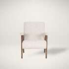 Upholstered accent chair in a soft neutral fabric with a solid wood frame and exposed arms in a warm medium wood tone.