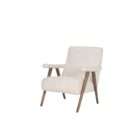 Upholstered accent chair in a soft neutral fabric with a solid wood frame and exposed arms in a warm medium wood tone.