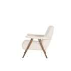 Upholstered accent chair in a soft neutral fabric with a solid wood frame and exposed arms in a warm medium wood tone.