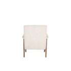 Upholstered accent chair in a soft neutral fabric with a solid wood frame and exposed arms in a warm medium wood tone.
