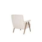 Upholstered accent chair in a soft neutral fabric with a solid wood frame and exposed arms in a warm medium wood tone.