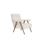Upholstered accent chair in a soft neutral fabric with a solid wood frame and exposed arms in a warm medium wood tone.