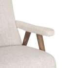 Upholstered accent chair in a soft neutral fabric with a solid wood frame and exposed arms in a warm medium wood tone.
