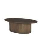 Round wood coffee table with a smooth top and a fluted cylindrical base in a warm medium wood finish.