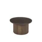 Round wood coffee table with a smooth top and a fluted cylindrical base in a warm medium wood finish.