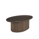 Round wood coffee table with a smooth top and a fluted cylindrical base in a warm medium wood finish.