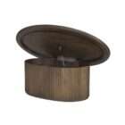 Round wood coffee table with a smooth top and a fluted cylindrical base in a warm medium wood finish.