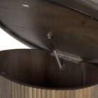 Round wood coffee table with a smooth top and a fluted cylindrical base in a warm medium wood finish.