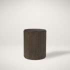 Round side table with a fluted wood base and a smooth dark wood top in a warm brown finish.