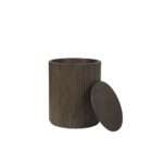 Round side table with a fluted wood base and a smooth dark wood top in a warm brown finish.