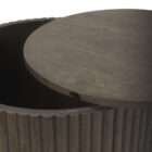 Round side table with a fluted wood base and a smooth dark wood top in a warm brown finish.