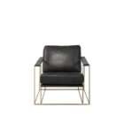 Modern black leather accent chair with sleek brass metal frame and minimalist silhouette.