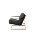 Modern black leather accent chair with sleek brass metal frame and minimalist silhouette.