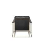 Modern black leather accent chair with sleek brass metal frame and minimalist silhouette.