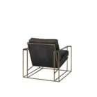 Modern black leather accent chair with sleek brass metal frame and minimalist silhouette.