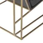 Modern black leather accent chair with sleek brass metal frame and minimalist silhouette.