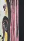 Modern portrait artwork of a woman with bold brushstrokes in pink, cream, and black tones, featuring floral accents and a textured striped background.