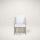 Outdoor lounge chair with woven rope sides in a soft neutral tone, featuring a light frame and plush white seat and back cushions.