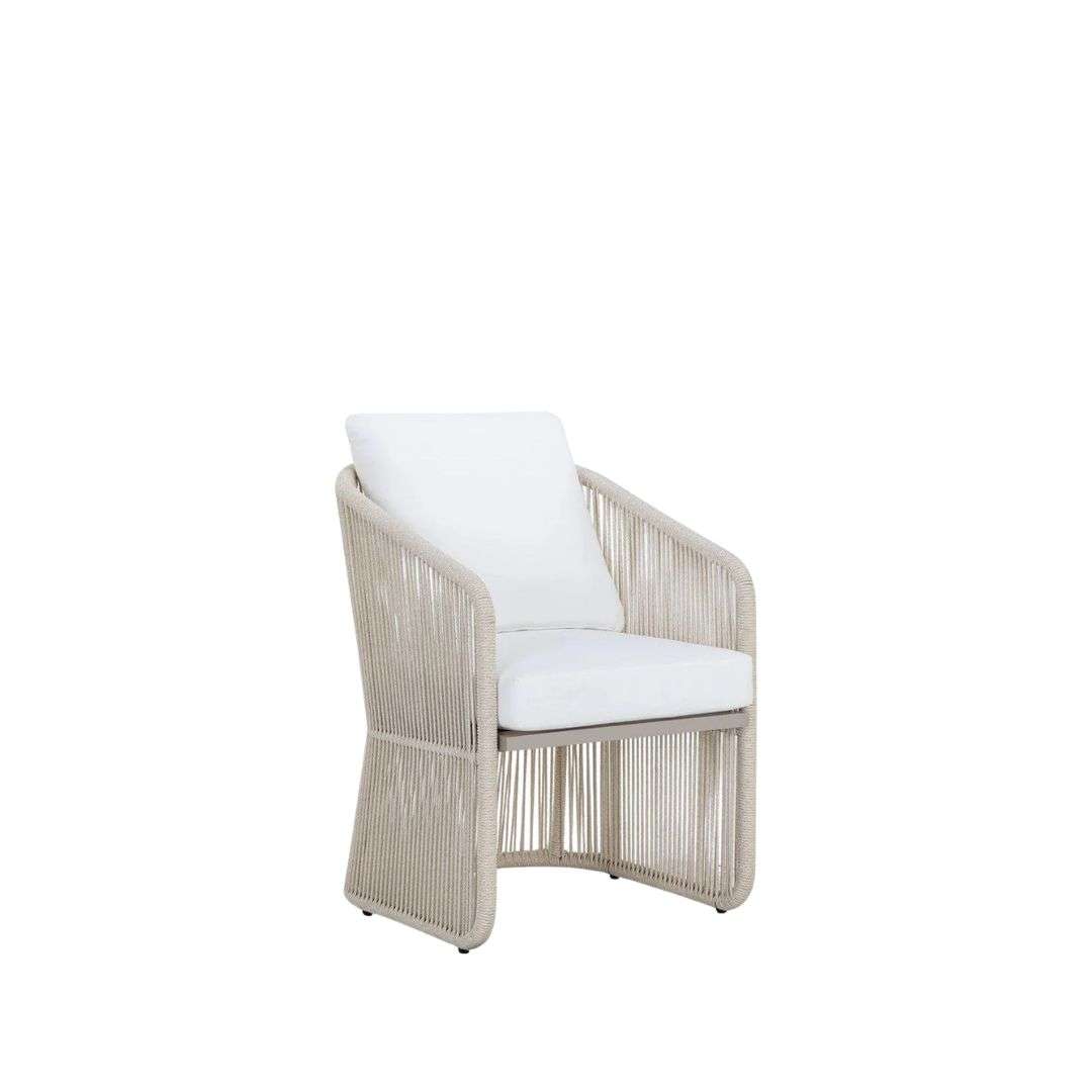 Outdoor lounge chair with woven rope sides in a soft neutral tone, featuring a light frame and plush white seat and back cushions.