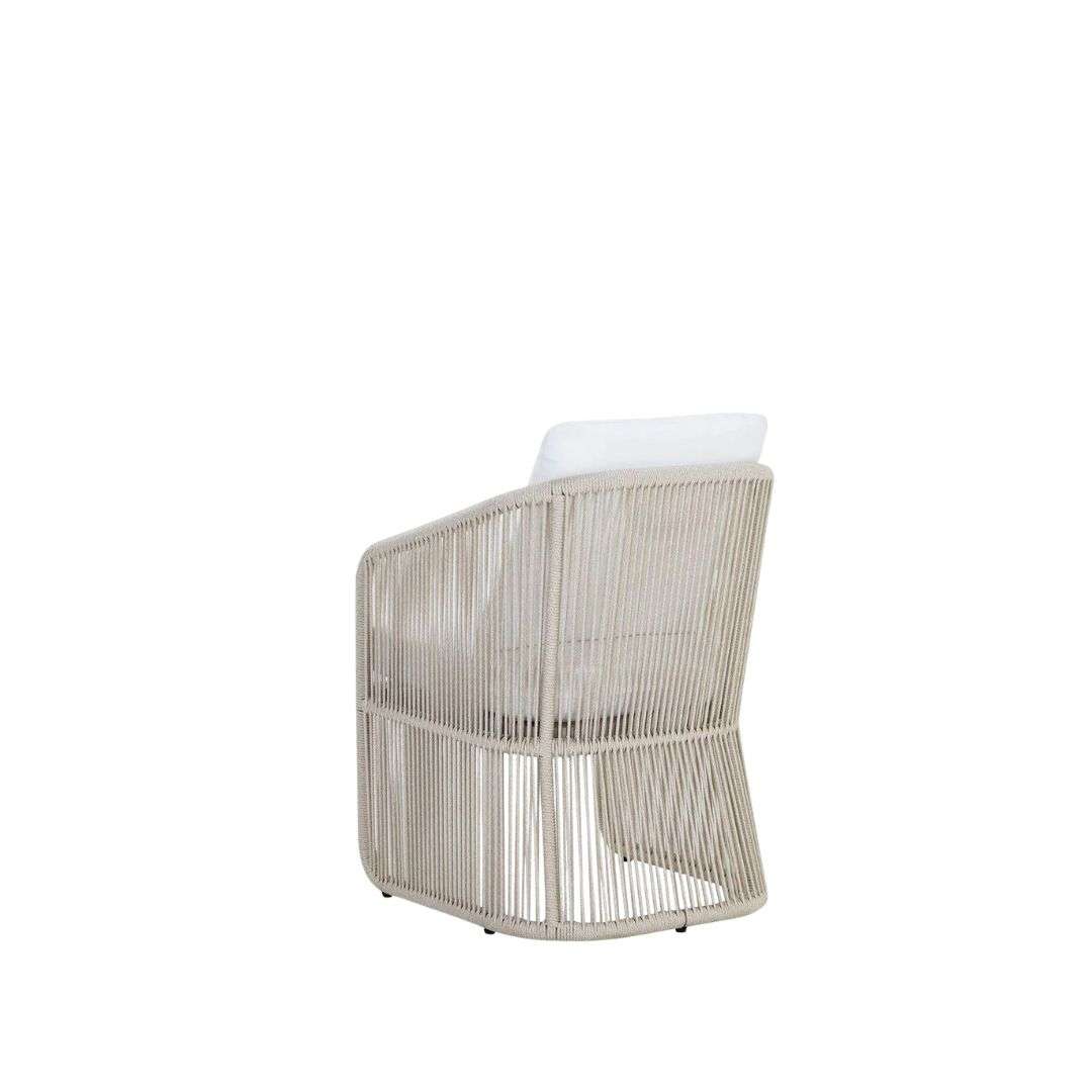 Outdoor lounge chair with woven rope sides in a soft neutral tone, featuring a light frame and plush white seat and back cushions.