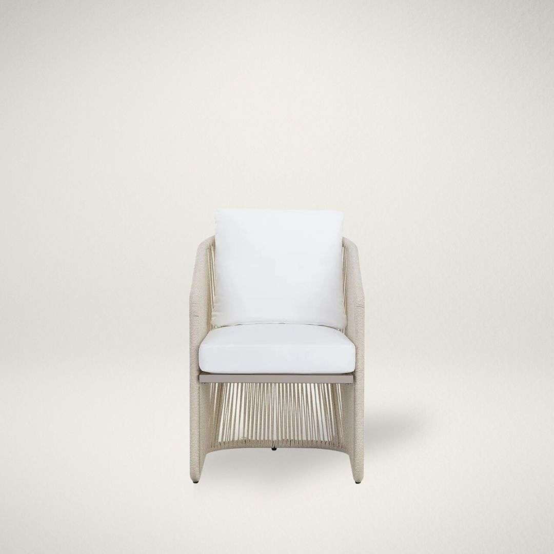 SP ALLARIZ Outdoor lounge chair with woven rope sides in a soft neutral tone, featuring a light frame and plush white seat and back cushions.