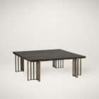 Rectangular dark wood coffee table with sculptural brushed metal rod legs.