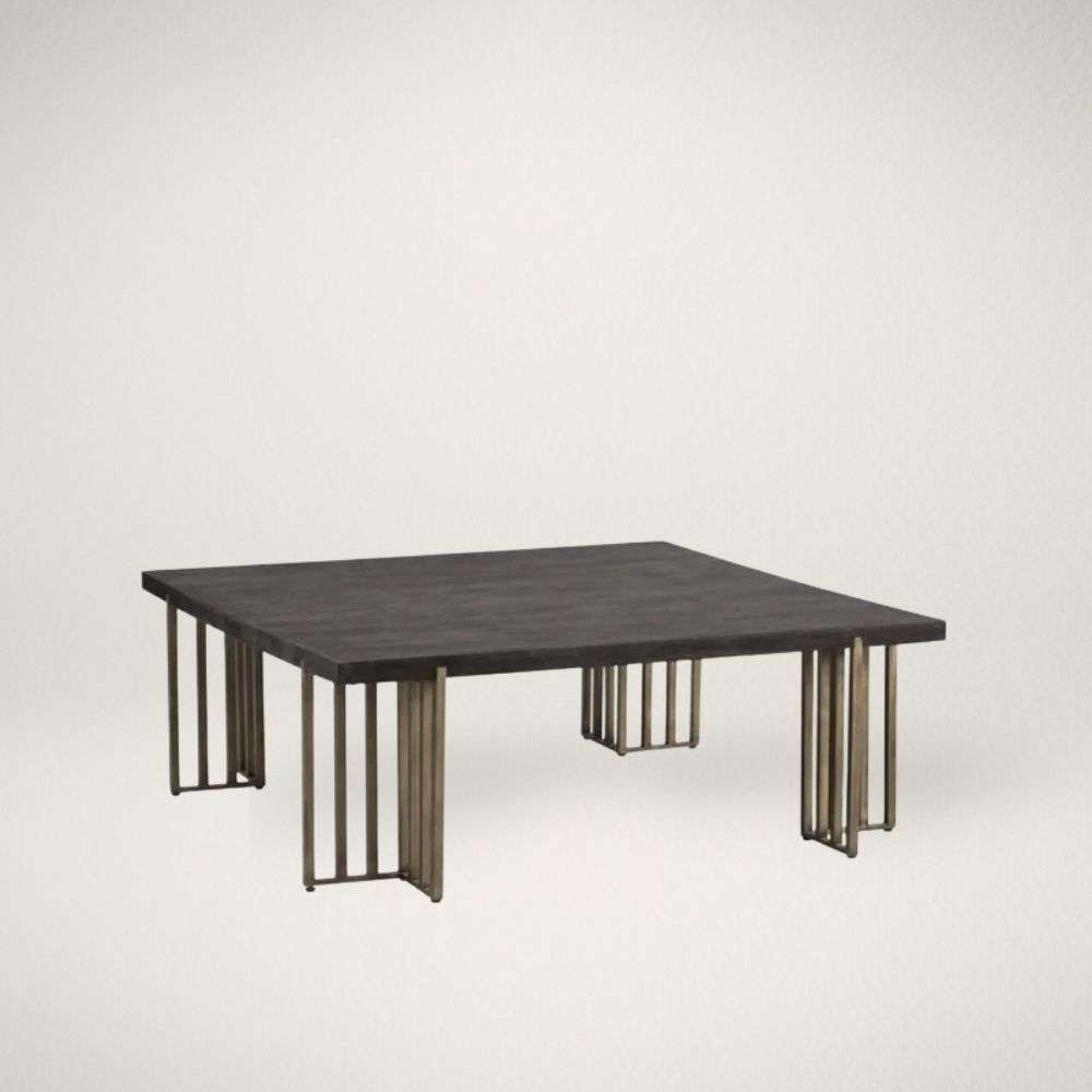 SP ALTO COFFEE TABLE Rectangular dark wood coffee table with sculptural brushed metal rod legs.