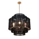 Black tiered chandelier with layered jute shades and a brass suspension rod creating a textured, modern lighting fixture.