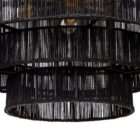 Black tiered chandelier with layered jute shades and a brass suspension rod creating a textured, modern lighting fixture.