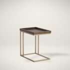 Rectangular tray-top side table with a dark wood surface and slim gold metal frame.