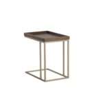 Rectangular tray-top side table with a dark wood surface and slim gold metal frame.
