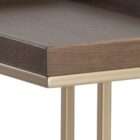 Rectangular tray-top side table with a dark wood surface and slim gold metal frame.