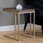 Rectangular tray-top side table with a dark wood surface and slim gold metal frame.