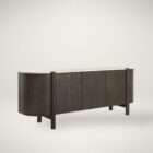 Dark wood sideboard with rounded edges, vertical wood grain detailing, and a light stone top.