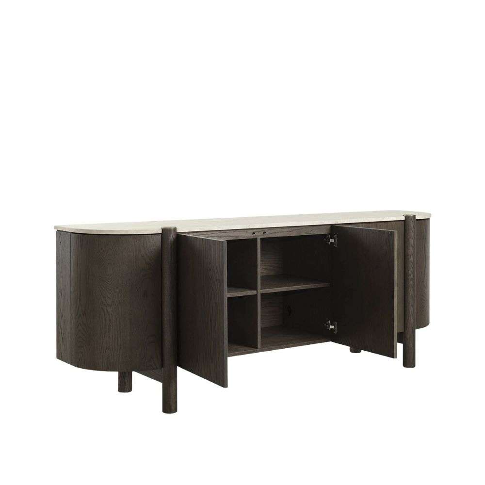 Dark wood sideboard with rounded edges, vertical wood grain detailing, and a light stone top.