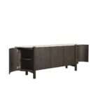 Dark wood sideboard with rounded edges, vertical wood grain detailing, and a light stone top.