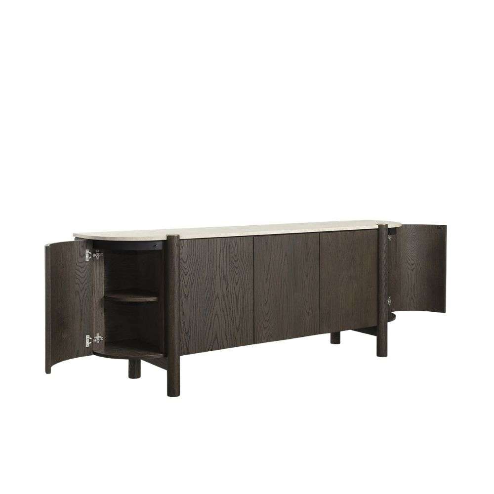 Dark wood sideboard with rounded edges, vertical wood grain detailing, and a light stone top.
