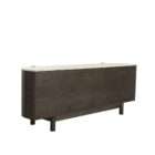 Dark wood sideboard with rounded edges, vertical wood grain detailing, and a light stone top.