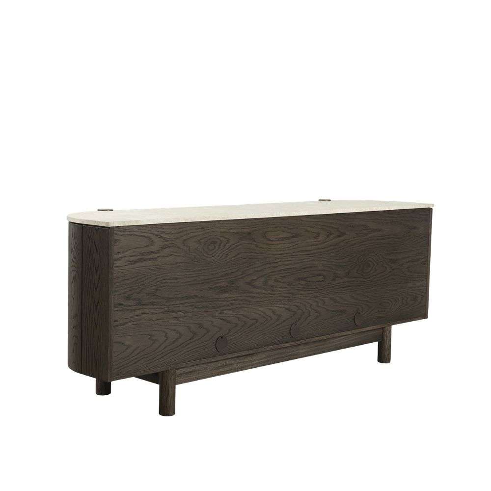 Dark wood sideboard with rounded edges, vertical wood grain detailing, and a light stone top.