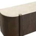 Dark wood sideboard with rounded edges, vertical wood grain detailing, and a light stone top.