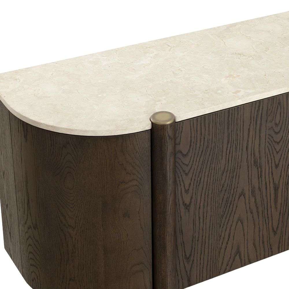 Dark wood sideboard with rounded edges, vertical wood grain detailing, and a light stone top.