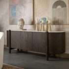Dark wood sideboard with rounded edges, vertical wood grain detailing, and a light stone top.