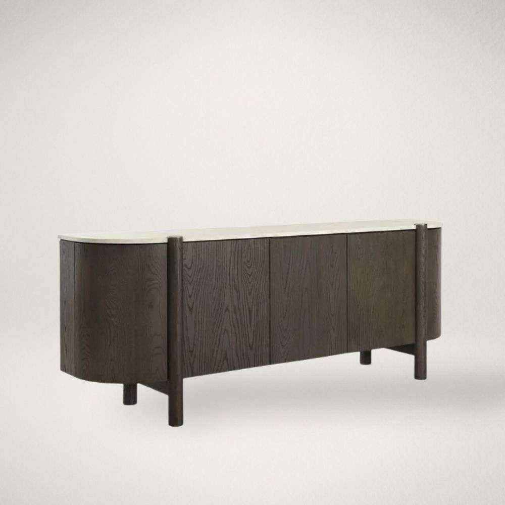 SP BANYAN Dark wood sideboard with rounded edges, vertical wood grain detailing, and a light stone top.