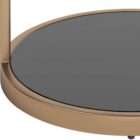 Round side table with black glass top and base, supported by a slim gold metal frame.