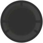 Round side table with black glass top and base, supported by a slim gold metal frame.