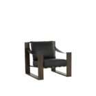 Modern lounge chair with a bold architectural wood frame in a warm brown finish, featuring a black leather seat and back cushion.