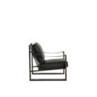 Modern lounge chair with a bold architectural wood frame in a warm brown finish, featuring a black leather seat and back cushion.