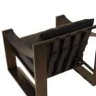 Modern lounge chair with a bold architectural wood frame in a warm brown finish, featuring a black leather seat and back cushion.