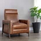 Modern leather recliner in warm brown with structured arms and metal side frame detailing.